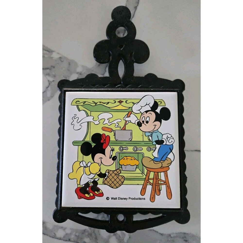 Vintage Collectible Disney Mickey & Minnie Mouse Trivet EUC Cast Iron Ceramic